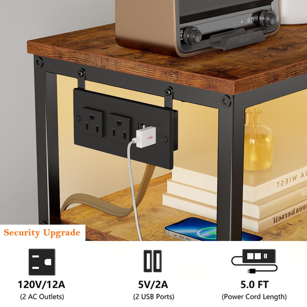 Furnulem Dresser for Bedroom, Tall Nightstand, Vertical Chest with Wood Top, Charging Station, LED Lights, 5 Fabric Bins, Bedside Table with Shelf, Furniture for Entryway (5 Drawer, Rustic Brown) Furnulem