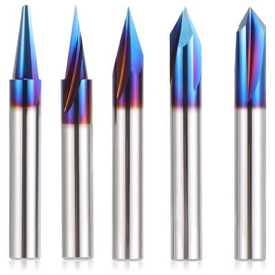 HQMaster 5PCS CNC Wood Carving Router Bits Set, 1/4'' Shank, 15° Detail Carving Liner+ 20° Profile bit+30°+60°+ 90° V Groove Router Bit Set