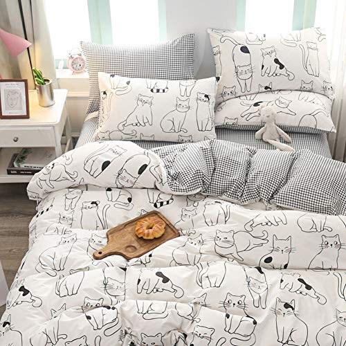 BlueBlue Cats Kids Duvet Cover Set Twin, 100% Cotton Bedding for Boys Girls Teens Single Bed, Cartoon Cats Pattern Print on White, 1 Animal Comforter Cover 2 Pillowcase (Twin, Cute Cat) BlueBlue