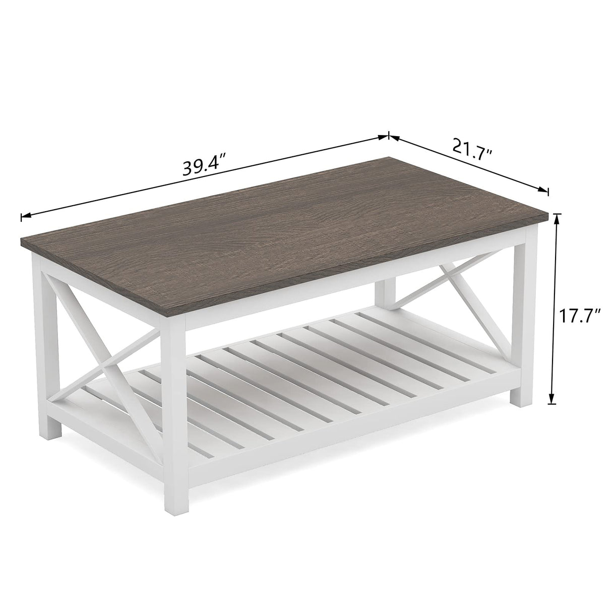 ChooChoo Coffee Table, Rustic Farmhouse Table with Shelf for Living Room, Vintage Finish White ChooChoo