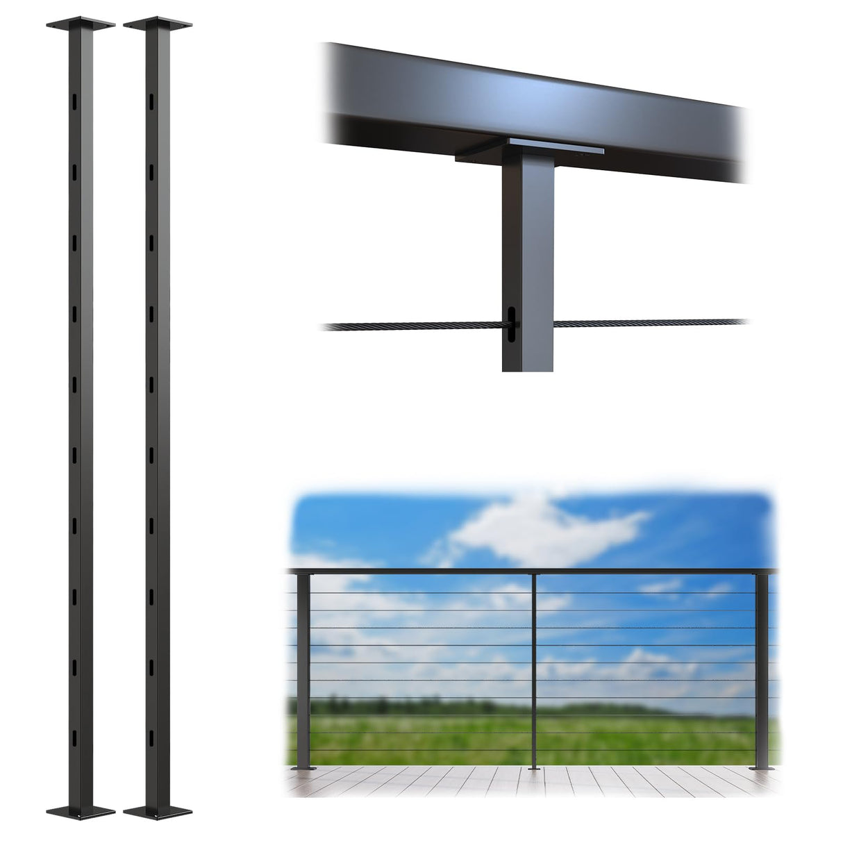 Muzata 2Pack Black Aluminum Intermediate Cable Railing Post Level drilled 36" x3/4" Surface Mount Cable Railing System Kit Square Stabilizer Post with Flat Bracket Indoor Outdoor Seaside PD72 BHAS Muzata