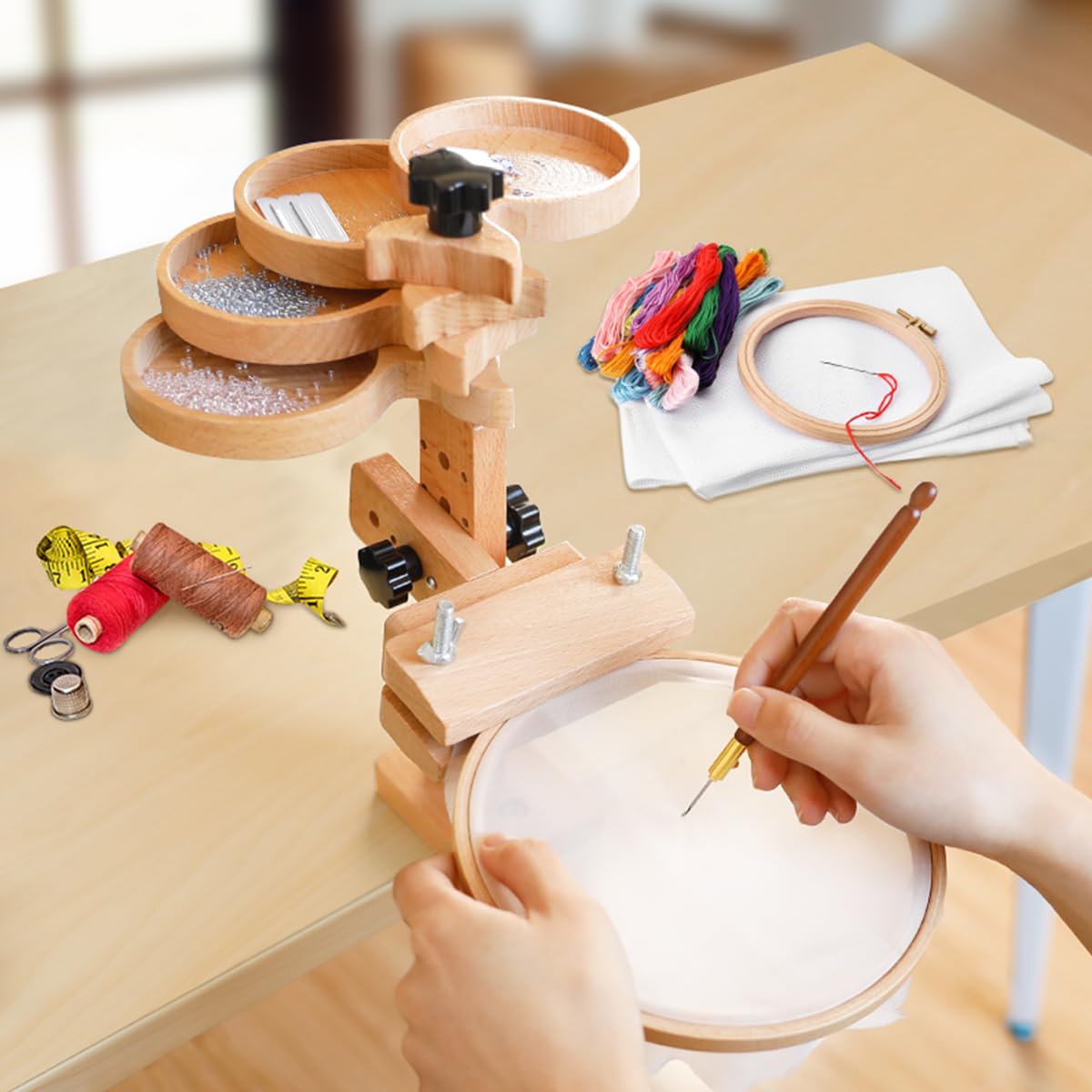 Embroidery Hoop Stand with Built-in Storage Tray, Adjustable Embroidery Hoop Holder, Sturdy Beech Wood Cross Stitch Stand for DIY Craft & Needlework Vathery