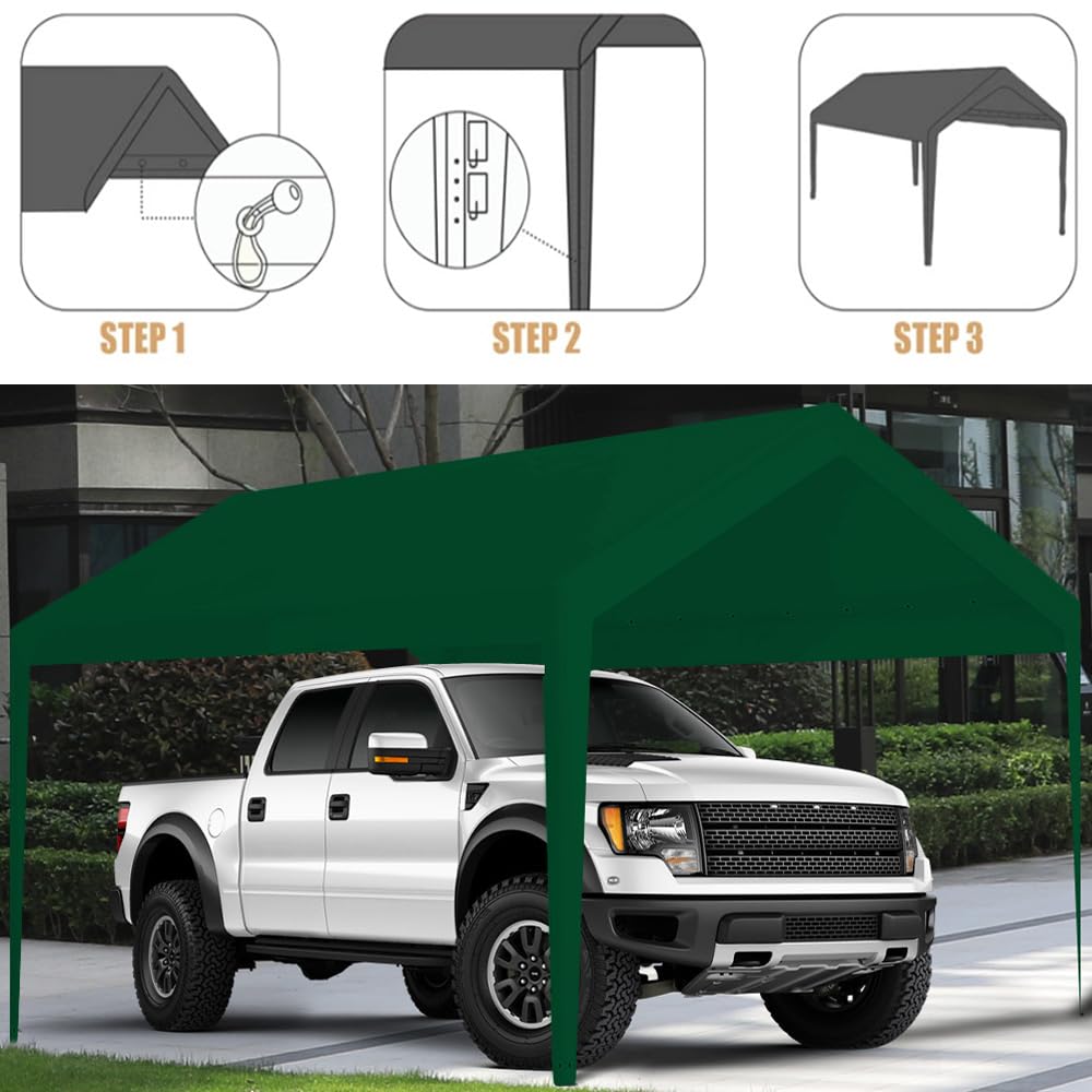 Carport Replacement Canopy, Replacement Top Cover for 10' x 20' Carport Frame, 180G PE Fabric Waterproof & UV Protected Tarp with Ball Bungees, Green (Only Top Cover, Frame is not Included) Vanteriam