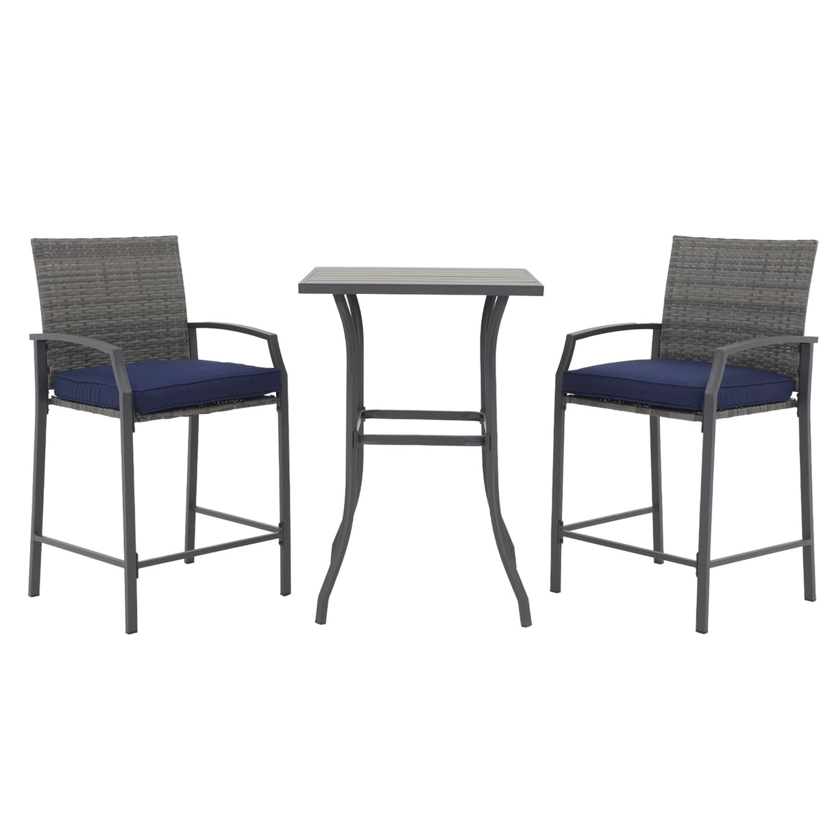 JOIVI 3 Piece Patio Bar Set, Outdoor Wicker Counter Height Bar Stools and Wood Top Table Set for 2 People, Bar Height Table Bistro Set with 2 Bar Chairs and Cushions for Backyard, Balcony JOIVI