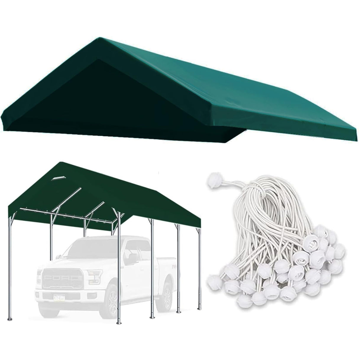 FORALEBEN Carport Replacement Canopy Cover for 10' x 20' Car Tent Top Garage Shelter Cover Tarp with Ball Bungees (Only Top Cover, Frame Not Include) Green FORALEBEN