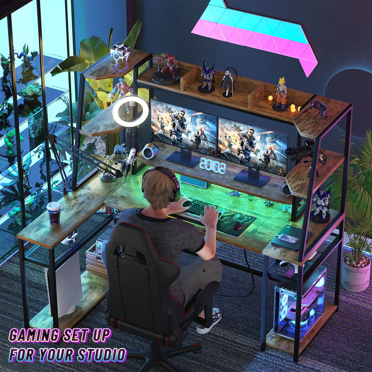 63'' Large L Shaped Gaming Desk with LED Lights & Power Strips, Reversible Gaming Table Desk with Hutch, L-shaped PC Gaming Desk with Storage, L Gamer Desk with Monitor Stand & Hook, Rustic Brown armocity