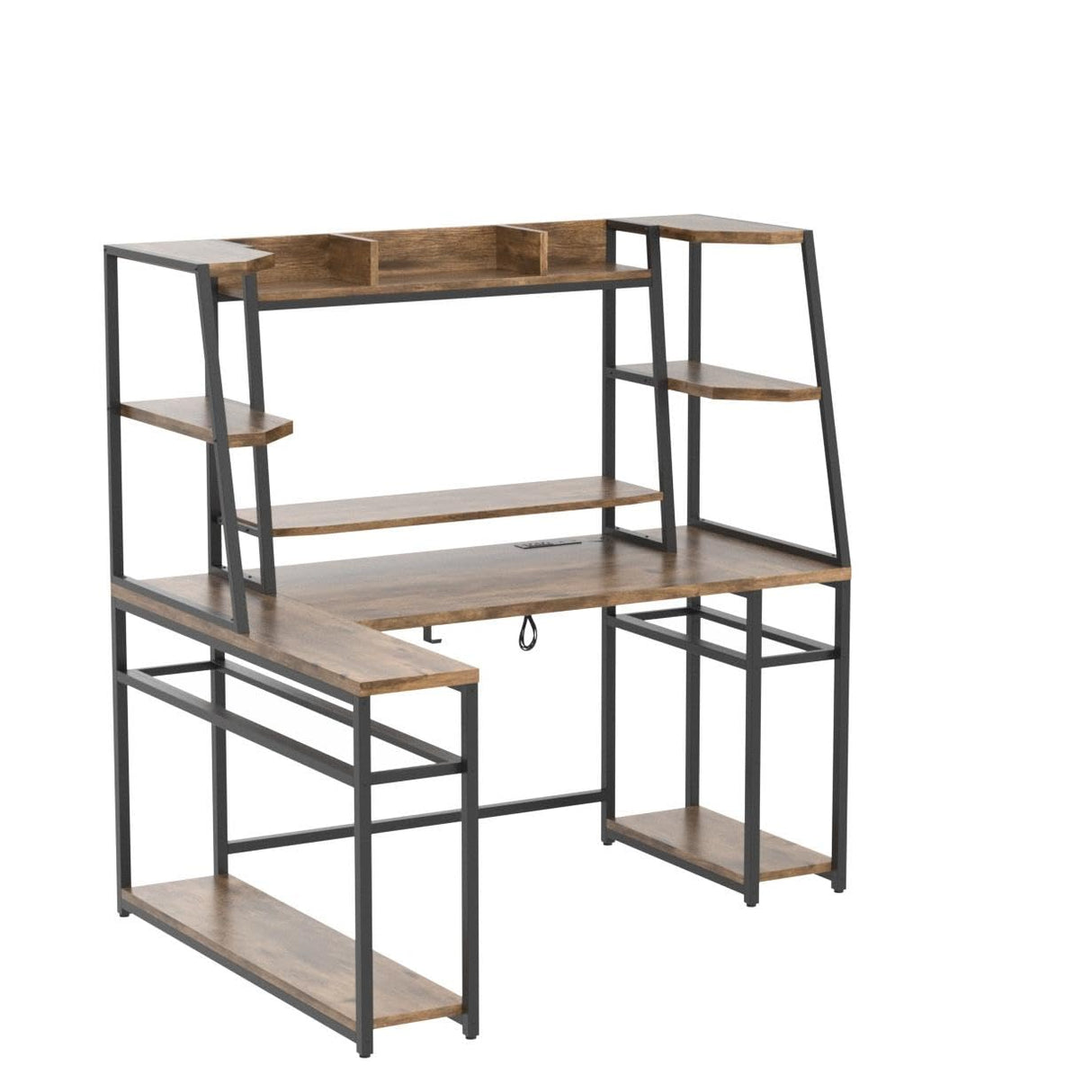 63'' Large L Shaped Gaming Desk with LED Lights & Power Strips, Reversible Gaming Table Desk with Hutch, L-shaped PC Gaming Desk with Storage, L Gamer Desk with Monitor Stand & Hook, Rustic Brown armocity