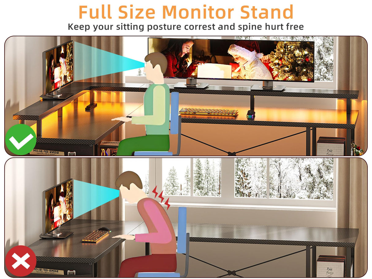 66" L Shaped Gaming Desk with Power Outlet and LED Lights, Reversible L Shaped Desk with Monitor Stand, Home Office Desk with Storage Shelves and Bag, Corner Desk with USB Port, Black Carbon Fiber Flrrtenv