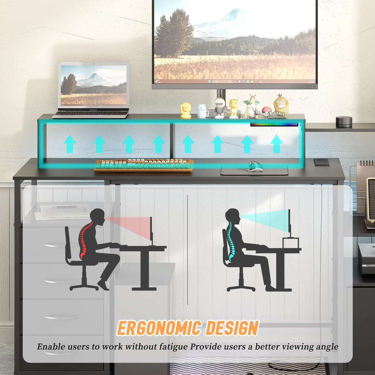 67" Computer Desk with Drawers and File Cabinet for Storage, Home Office Desk with Power Outlet and LED Lights, Gaming Desk with Printer Cabinet and Monitor Stand, Study Writing Work Desk, Black DOINUO