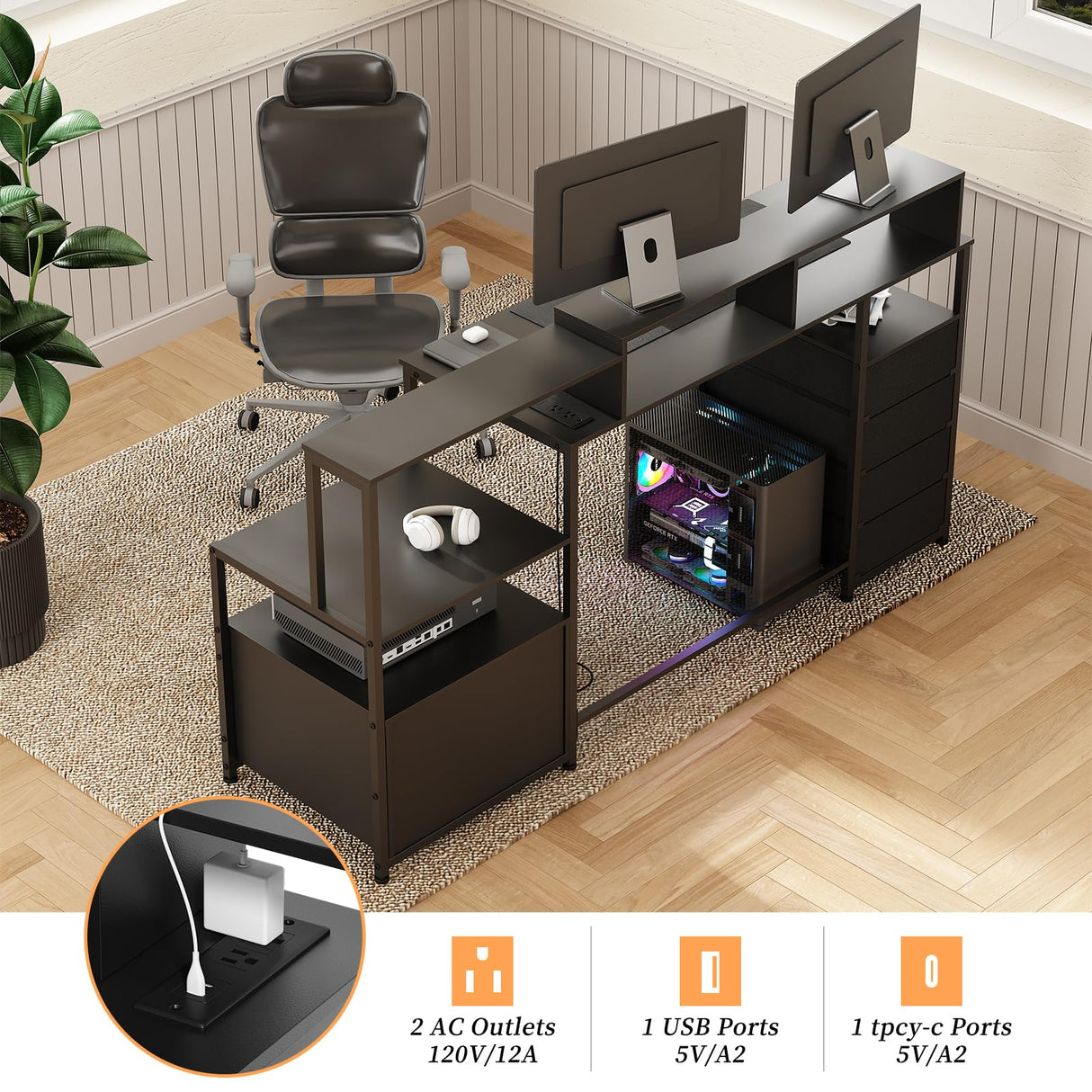 67" Computer Desk with Drawers and File Cabinet for Storage, Home Office Desk with Power Outlet and LED Lights, Gaming Desk with Printer Cabinet and Monitor Stand, Study Writing Work Desk, Black DOINUO