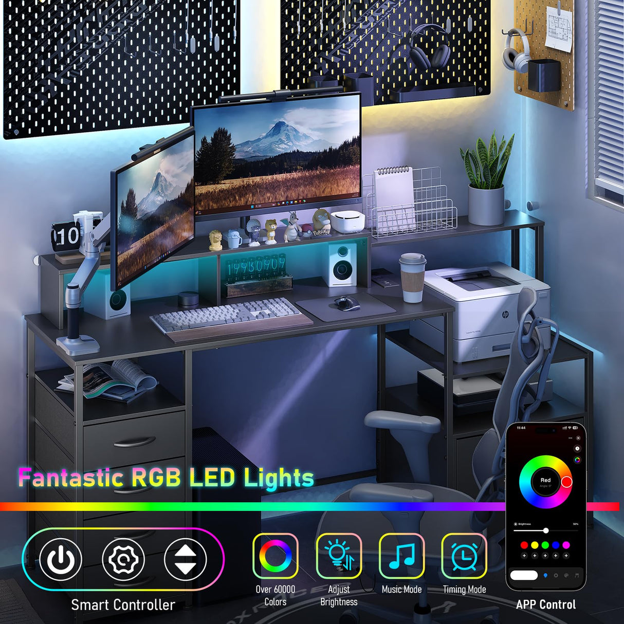 67" Computer Desk with Drawers and File Cabinet for Storage, Home Office Desk with Power Outlet and LED Lights, Gaming Desk with Printer Cabinet and Monitor Stand, Study Writing Work Desk, Black DOINUO