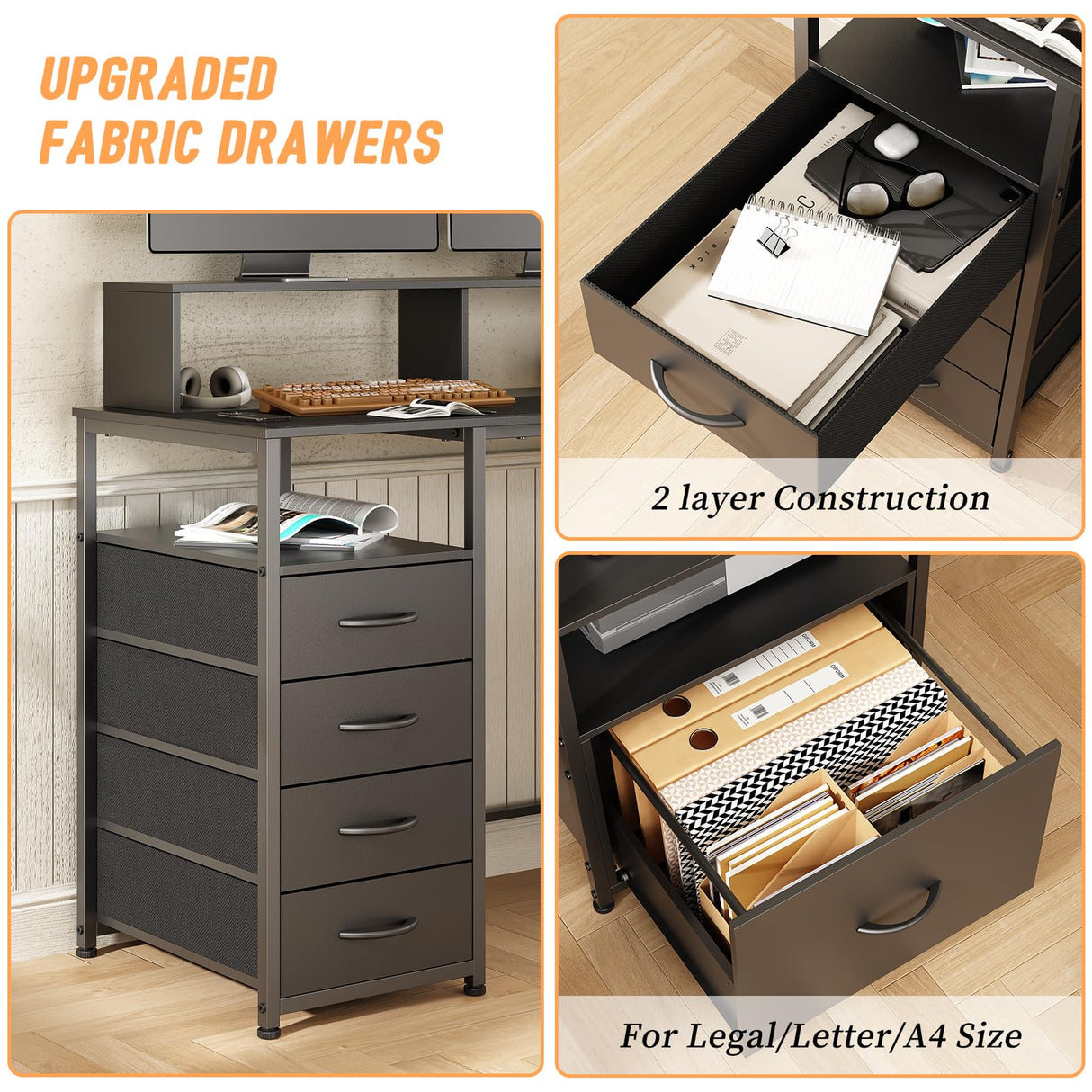 67" Computer Desk with Drawers and File Cabinet for Storage, Home Office Desk with Power Outlet and LED Lights, Gaming Desk with Printer Cabinet and Monitor Stand, Study Writing Work Desk, Black DOINUO