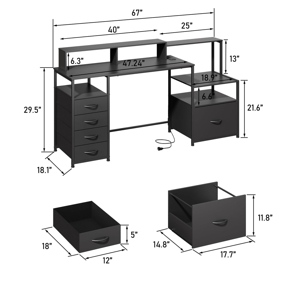 67" Computer Desk with Drawers and File Cabinet for Storage, Home Office Desk with Power Outlet and LED Lights, Gaming Desk with Printer Cabinet and Monitor Stand, Study Writing Work Desk, Black DOINUO