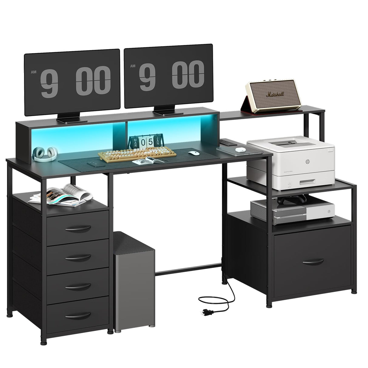 67" Computer Desk with Drawers and File Cabinet for Storage, Home Office Desk with Power Outlet and LED Lights, Gaming Desk with Printer Cabinet and Monitor Stand, Study Writing Work Desk, Black DOINUO