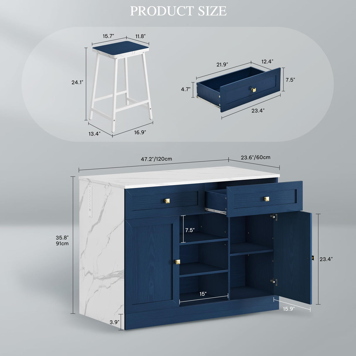 YITAHOME 3 Piece Kitchen Island Set with 2 Chairs, Large Kitchen Island with Seating and Storage, Dining Counter Table with Power Outlet, Drawers, Spice/Towel Rack, White Marble Finish, Navy Blue YITAHOME