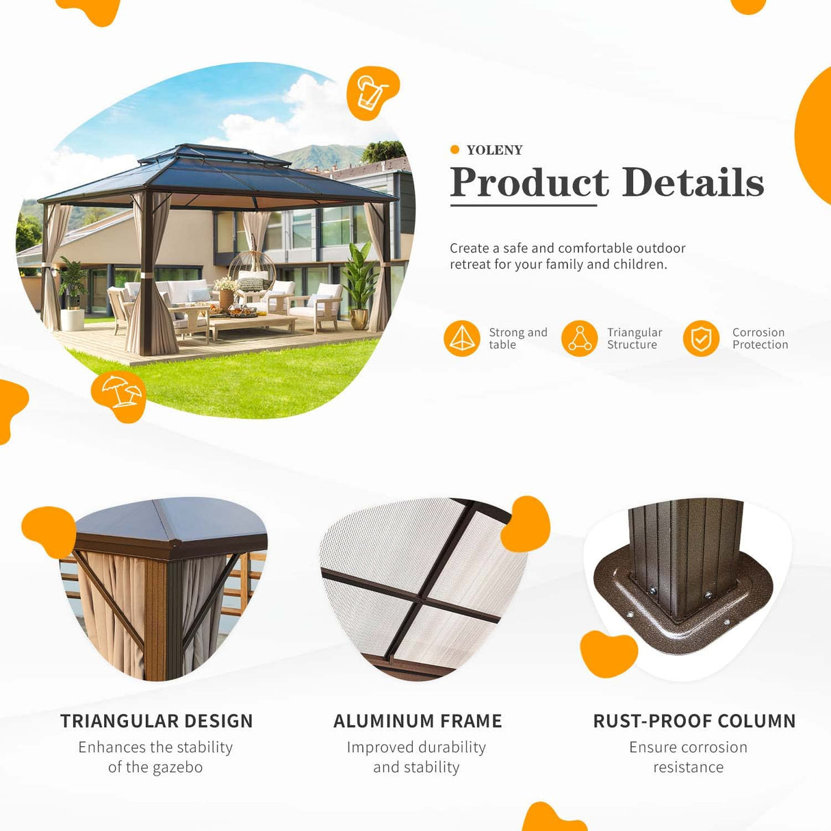 YOLENY 12'x16' Hardtop Gazebo, Outdoor Polycarbonate Double Roof Canopy, Aluminum Frame Permanent Pavilion with Curtains and Netting, Sunshade for Garden, Patio, Lawns YOLENY