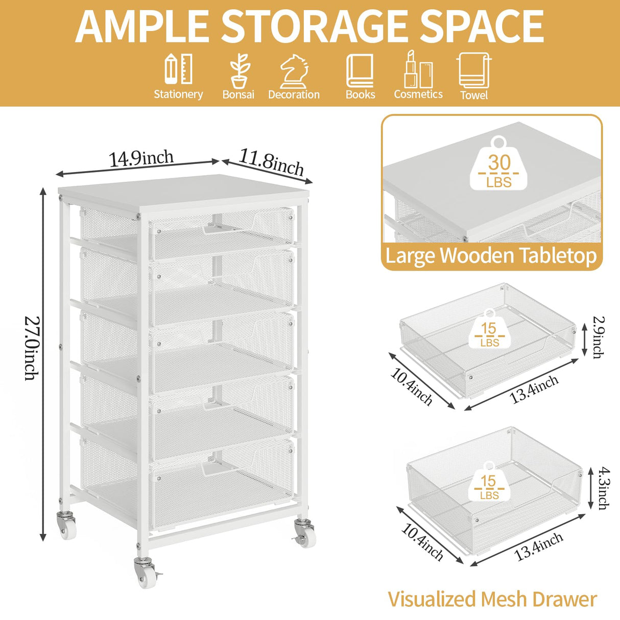 Sbanmao Utility Cart with 5 Drawers, Rolling Storage Cart with Wooden Tabletop and Lockable Wheels, Storage Drawer Cart Craft Cart for Bedroom, Classroom, Home, Office, White Sbanmao