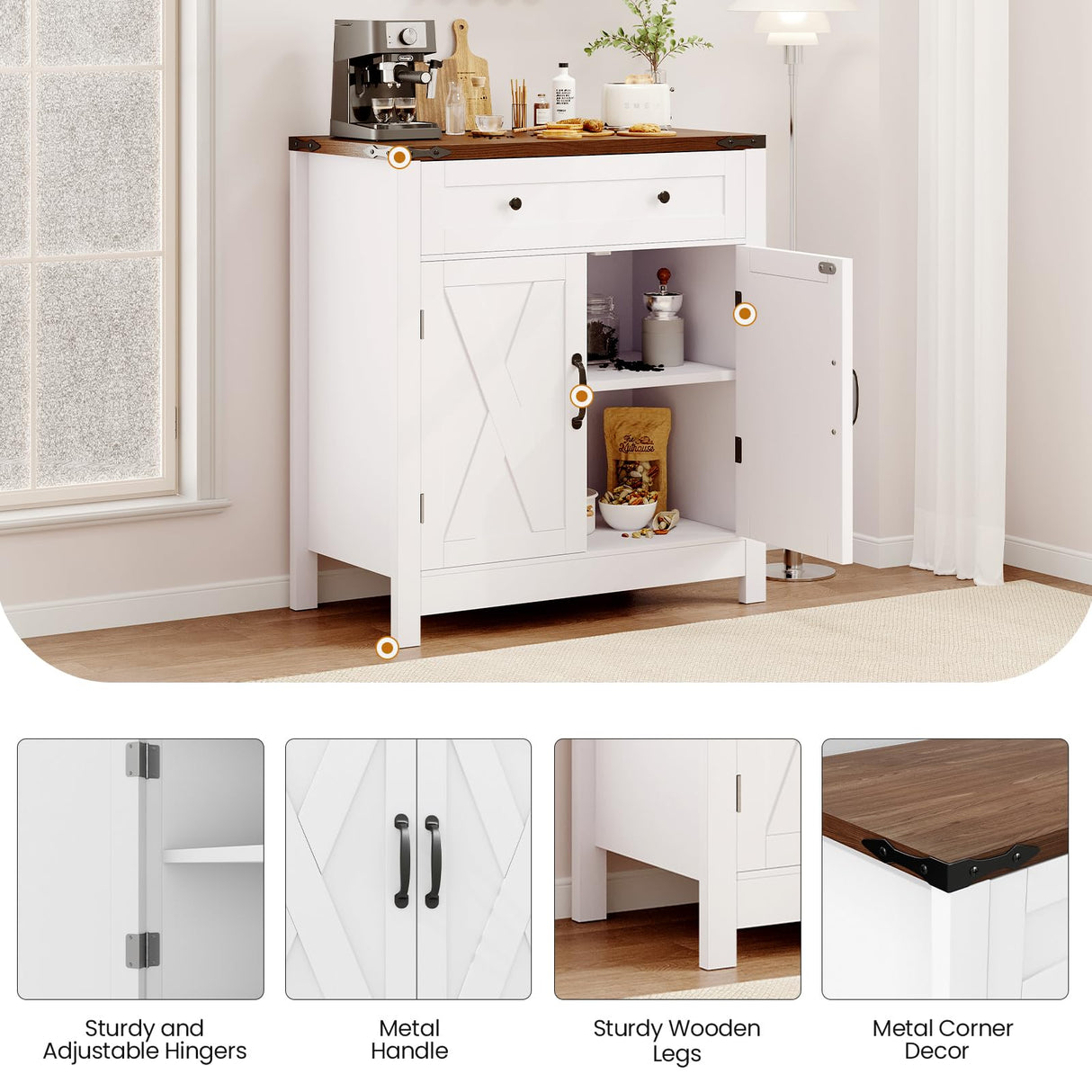 GRUSIGN 30" Coffee Bar Station, Kitchen Sideboard Buffet Cabinet with a Drawer and Adjustable Shelf, Modern Farmhouse Storage Cabinet for Kitchen, Living Room, Entryway, White GRUSIGN
