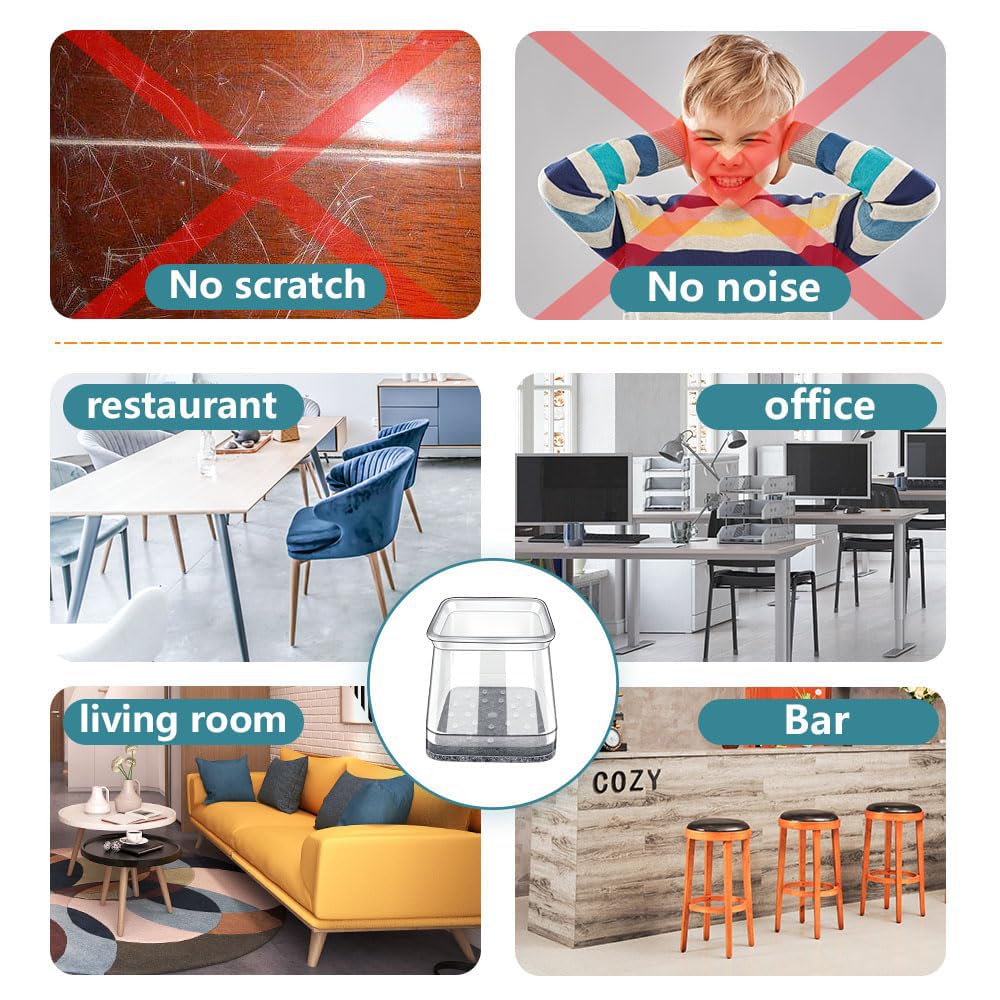 24 Pcs Chair Leg Floor Protectors Square, Silicone Felt Furniture Leg Pads Caps Covers for Hardwood Floors (Fit:1-1/16" to 1-5/8") Ansible