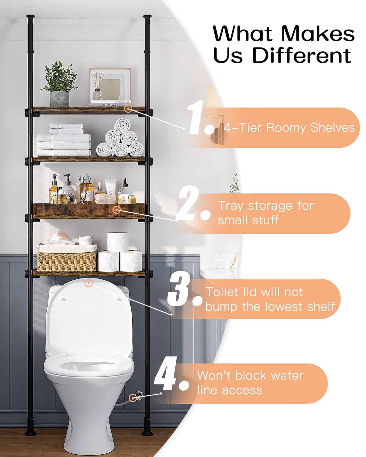 ALLZONE Adjustable 4-Tier Over The Toilet Storage Shelf in Rustic Brown - Versatile Bathroom Organiser with Easy Assembly ALLZONE