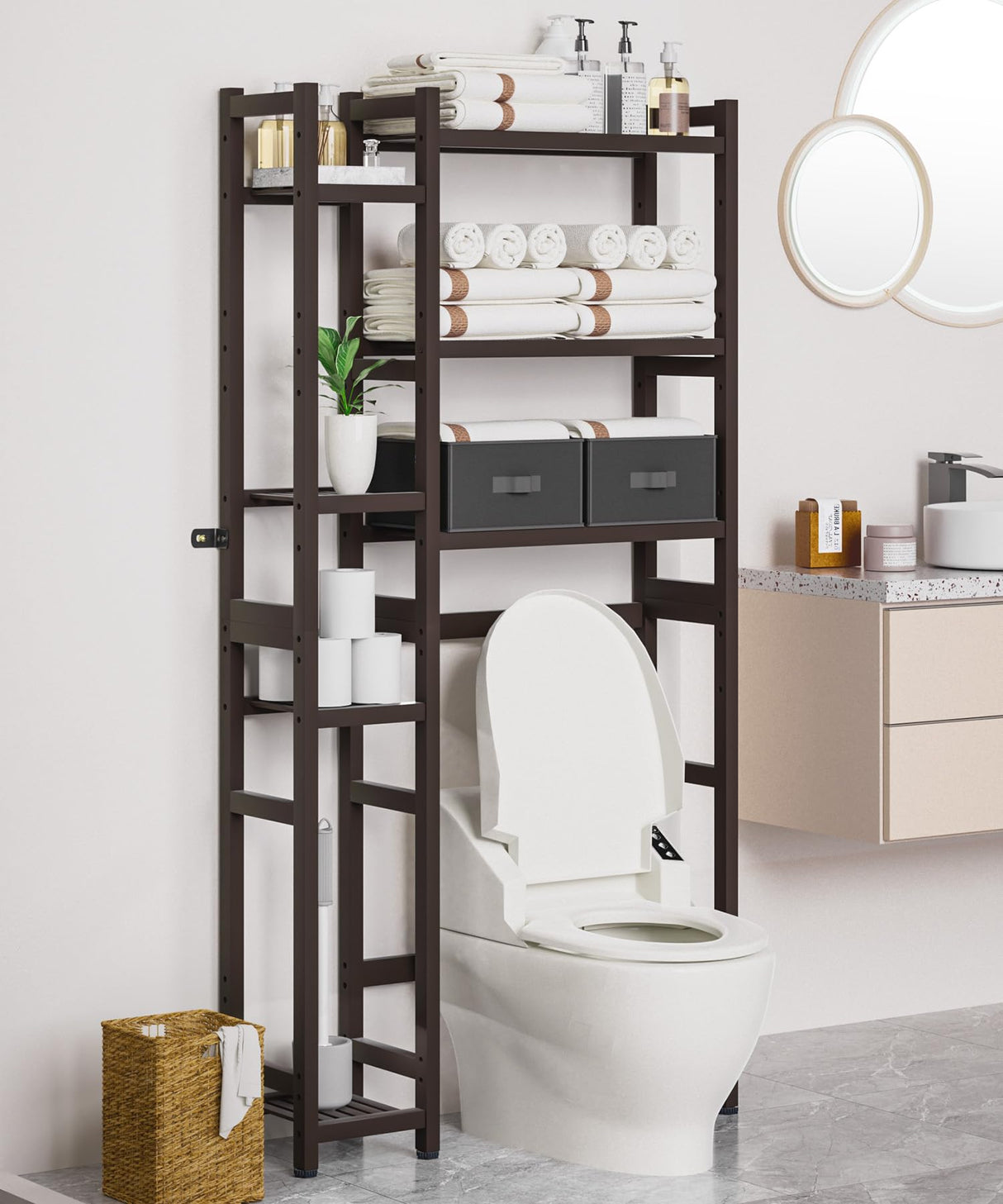 Homde Over The Toilet Storage with Basket and Drawer, Bamboo Bathroom Organizer with Adjustable Shelf & Waterproof Feet Pad, Space Saver Rack for Restroom, Laundry, Brown Homde