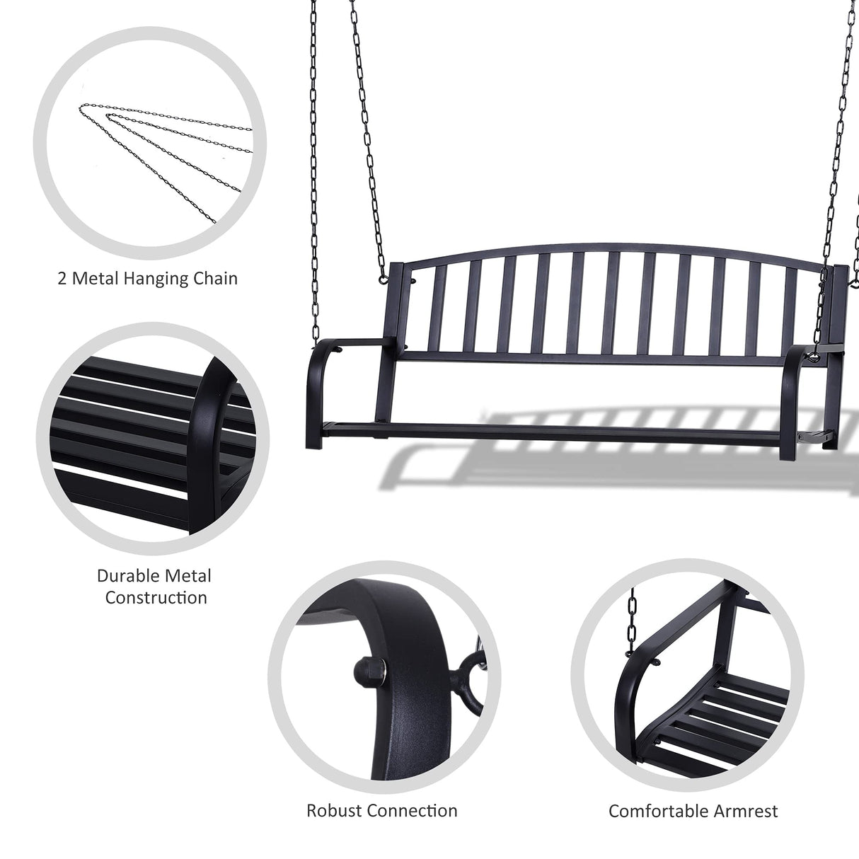 Outsunny 2 Person Front Porch Swing Patio Swing Bench, Outdoor Steel Swing Chair with Sturdy Chains, for Backyard, Deck, 528 lb Weight Capacity, Black Outsunny