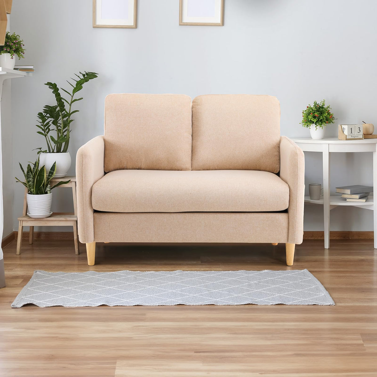 VINGLI 47" Small Couch, Linen Loveseat Sofa Light Brown Mini Couch Mid Century Modern Decor Love Seat for Small Spaces Living Room, Bedroom, Play Room VINGLI