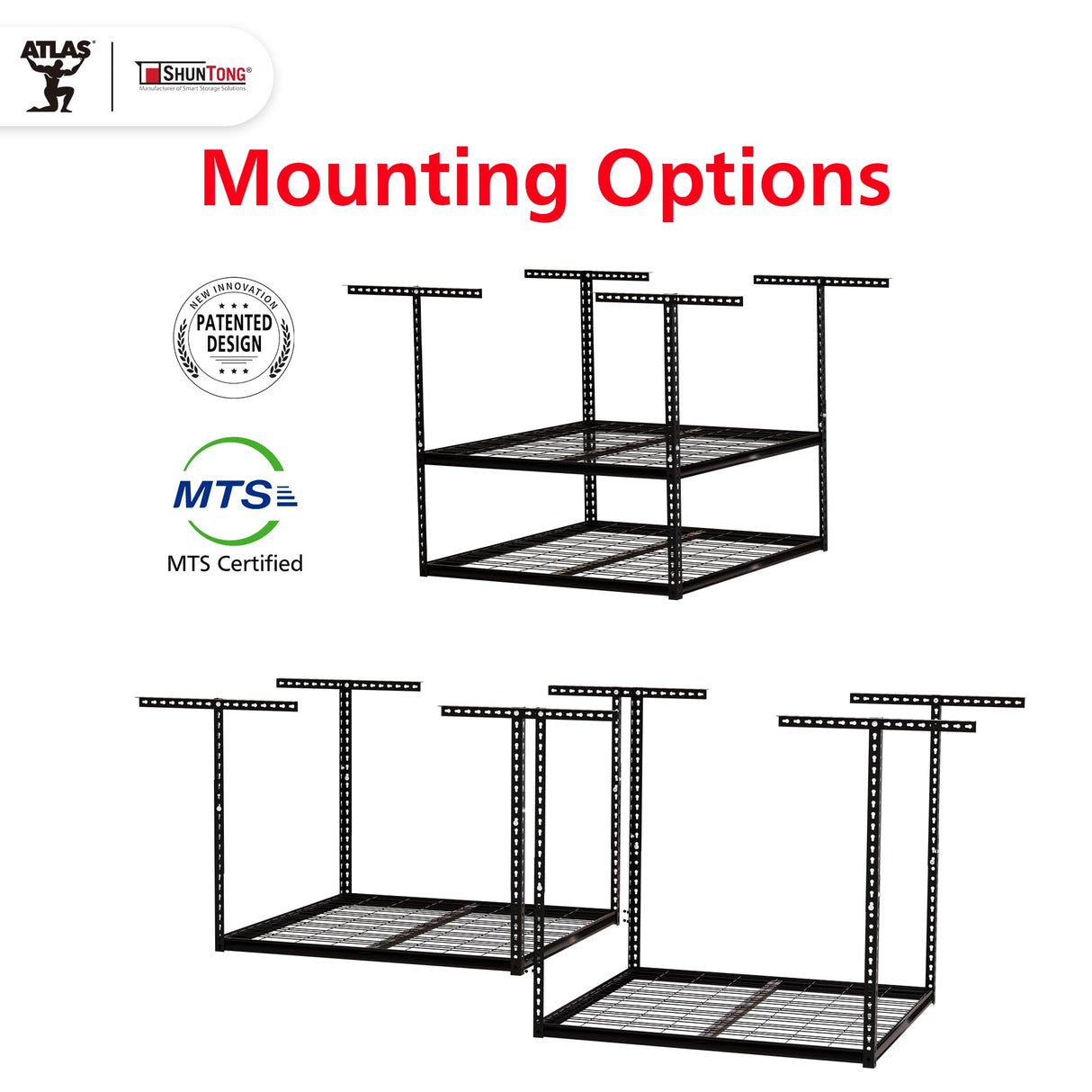 Shuntong The Atlas Pro 4 x 8 ft Overhead Garage Storage Rack, Ultra Duty 1250lbs Weight Capacity, Adjustable Height 26"-48", Hammertone Shuntong