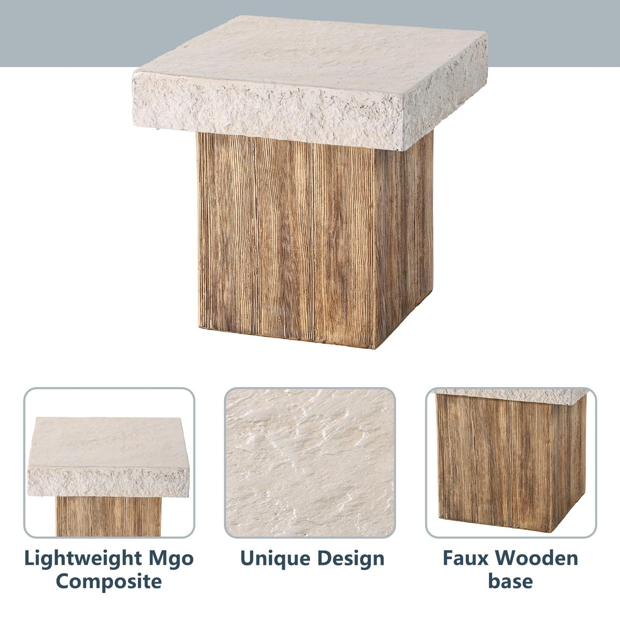 COSIEST Outdoor Medium Side Table, Patio Coffee Table, 19.7 inches Square MgO End Stool with Faux Wooden Pedestal Base,for Patio, Garden, Backyard, Antique Beige COSIEST