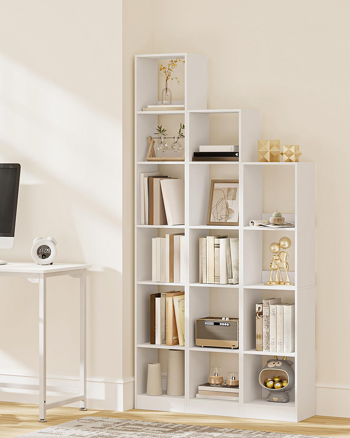 Hzuaneri Bookcase, Tall Narrow Bookshelf, Open Display Storage Shelf, Skinny Cube Book Shelf with Adjustable Shelves, CD Rack for Living Room, Home Office, Bedroom, 6 Tiers, White BC09603X Hzuaneri