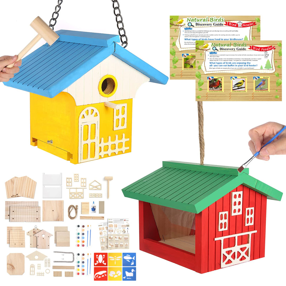 nanayo Wild Birds DIY Bird House Kit for Kids to Build - Birdhouse and Bird Feeder Wood Building Kits with Hanging Chain and Rope, Mallet, Paints and Brushes, Sandpaper, Glue and Bird Discovery Guide nanayo