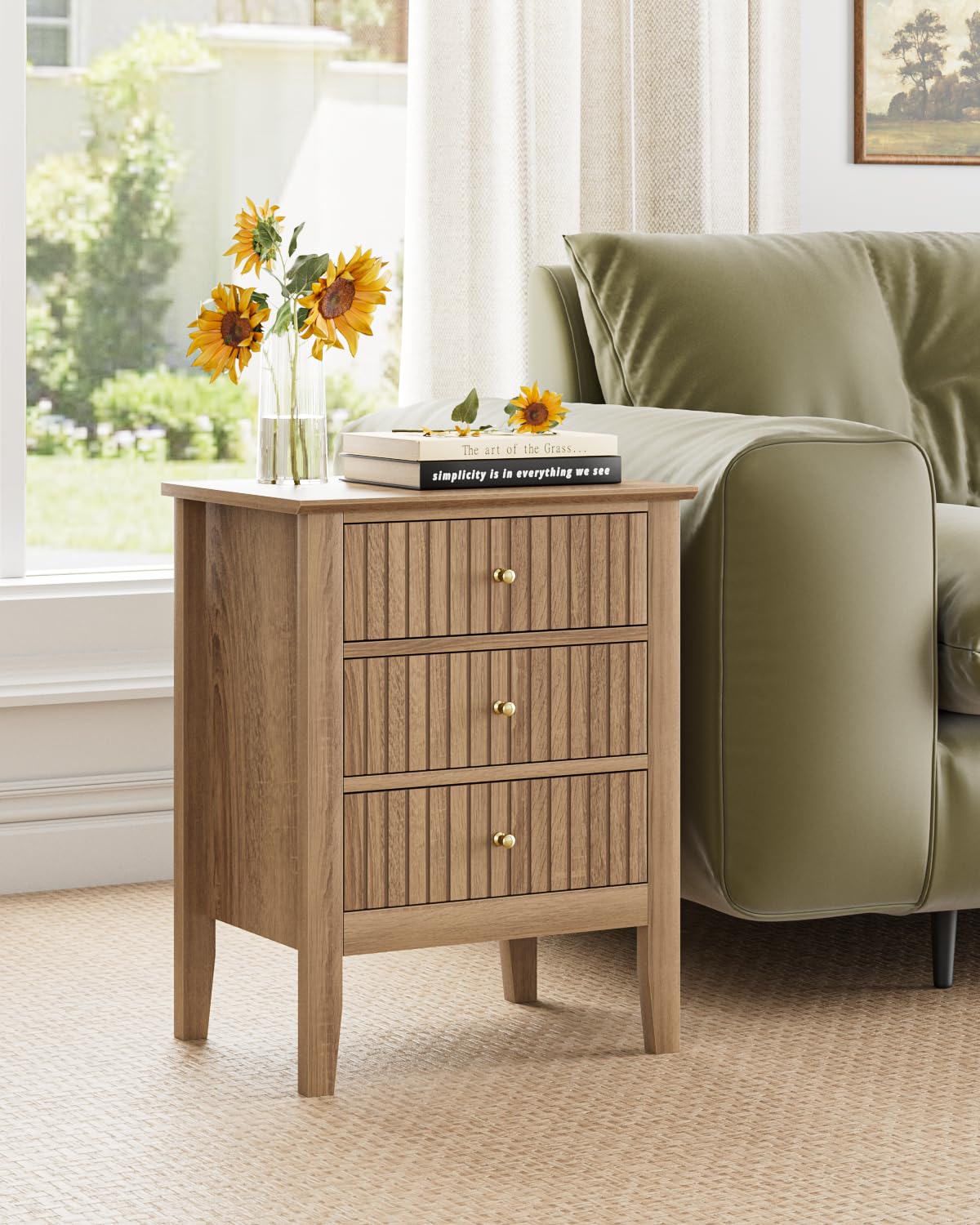 Apetaccat Fluted Nightstand, Farmhouse Night Stand with 3 Drawers, Mid Century Modern Side Accent Table,Bedside End Table for Bedroom, Living Room, Natural Apetaccat