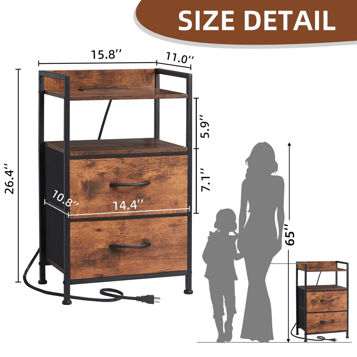Somdot 2 Drawers Dresser with Charging Station and LED Light for Bedroom, Small Nightstand with Fabric Bins for Bedside Kids Dorm Room Closet Laundry Entryway, Wood Grain Print Somdot