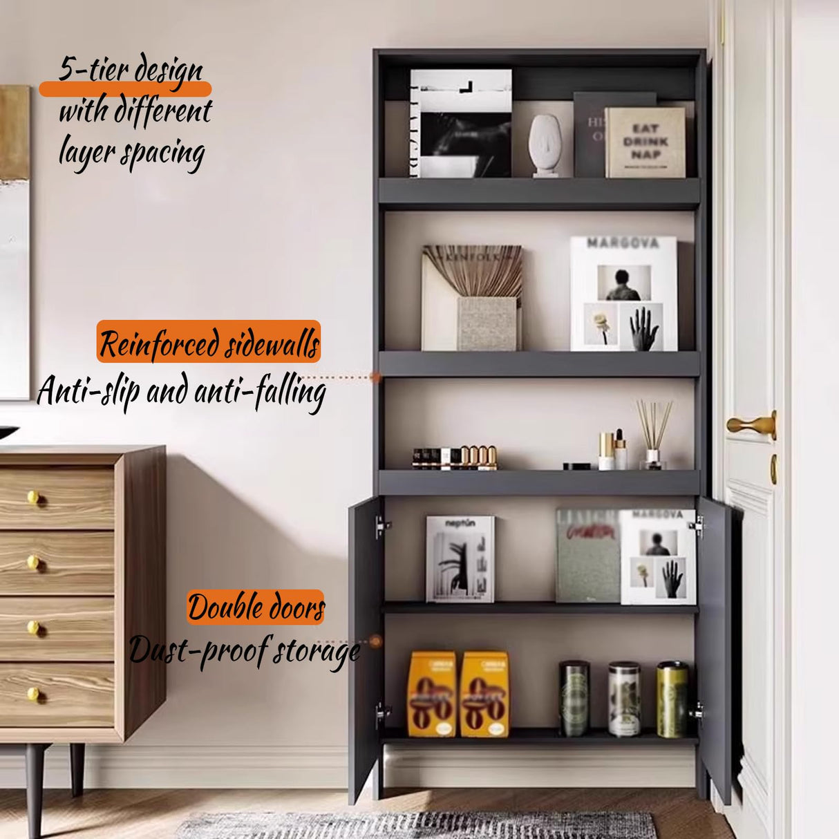 Book Shelf, Behind the Door Bookshelf with Shelves 5 Shelf Bookcase with Doors, Hidden Storage Behind Door with Baffle for Living Room Bedroom Children's Room White 31.5''*4.7''*70.9''(four-door) LINLIUA