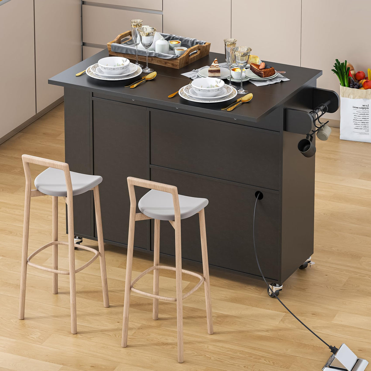 Kitchen Island with Drop Leaf, Rolling Kitchen Island with Power Outlet and Led Light Aufvolr