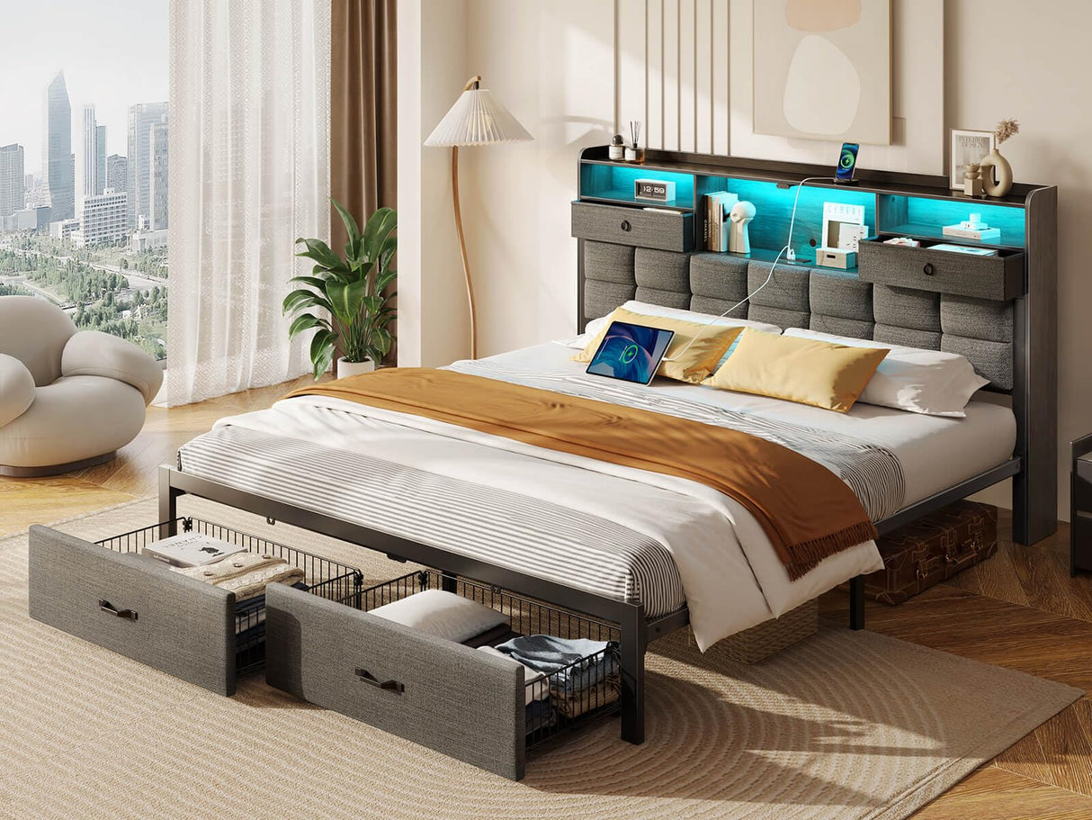 Rolanstar Bed Frame King Size with Drawers and Charging Station, Upholstered Platform Bed with Storage Headboard and LED Light, Heavy Duty Metal Frame Support, No Box Spring Needed, Noise Free, Grey Rolanstar