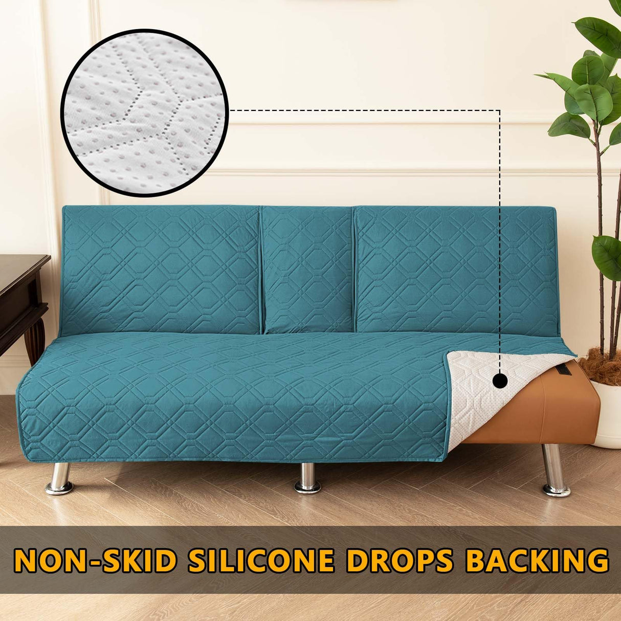 ZYXFYY 4-Piece Waterproof Click Clack Sofa Bed Cover - 3 Seater, Quilted Convertible Folding Futon Cover with 2 Removable Armrests and 1 Cup Holder (Teal) ZYXFYY