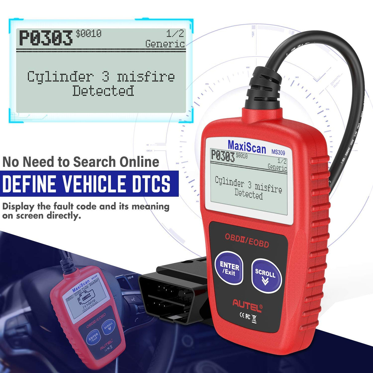Autel OBD2 Scanner MS309 Universal Car Engine Fault Code Reader, Check Engine Light and Emission Monitor Status, OBDII CAN Diagnostic Scan Tool Autel