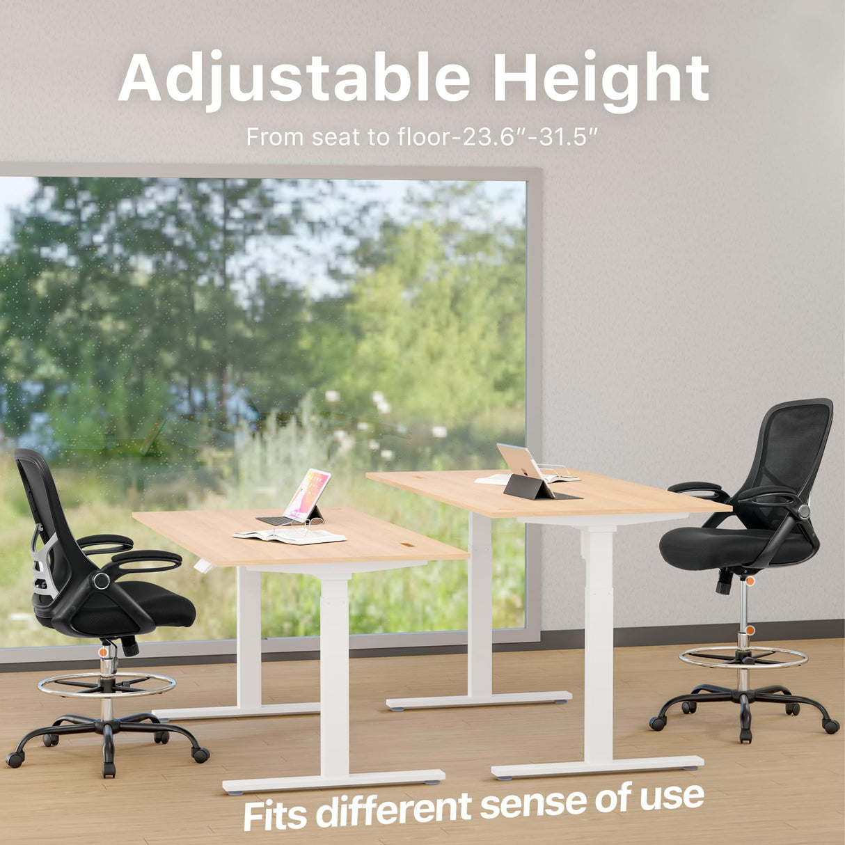 HYLONE Drafting Chair Tall Office Chair High-Back Mesh Standing Desk Stool with Adjustable Footrest Ring and Flip-Up Arms (Black) HYLONE