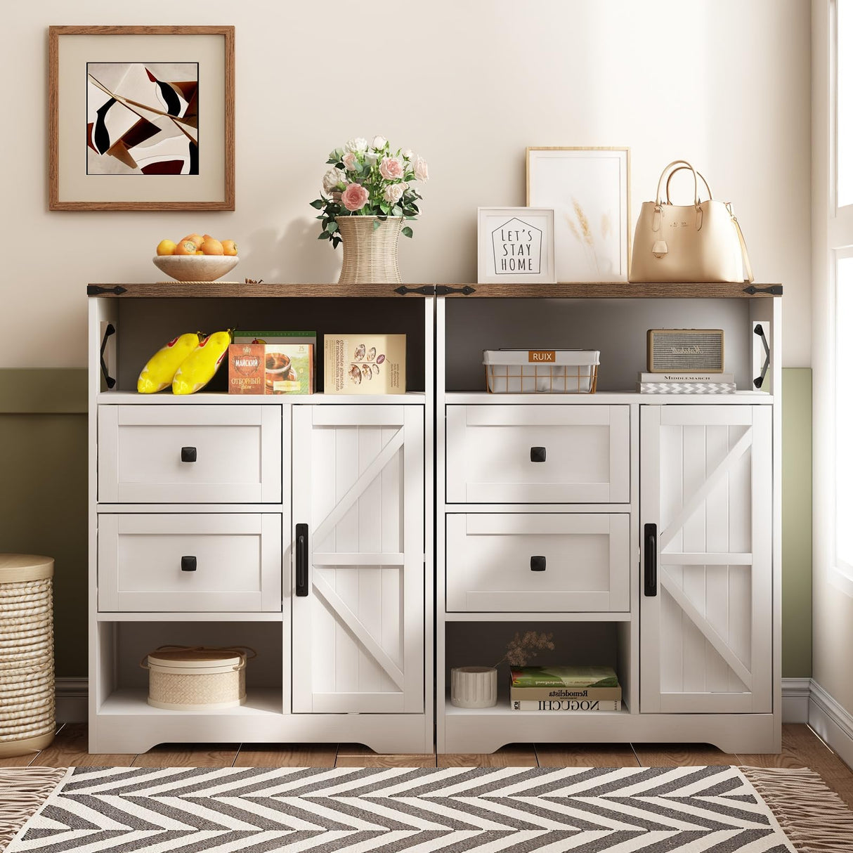 Fameill White Farmhouse Storage Cabinet with 2 Drawers & Shelves,Freestanding Storage Cabinet with Doors & Open Storage,Floor Storage Cabinet for Living Room,Bathroom,Kitchen,Laundry Fameill