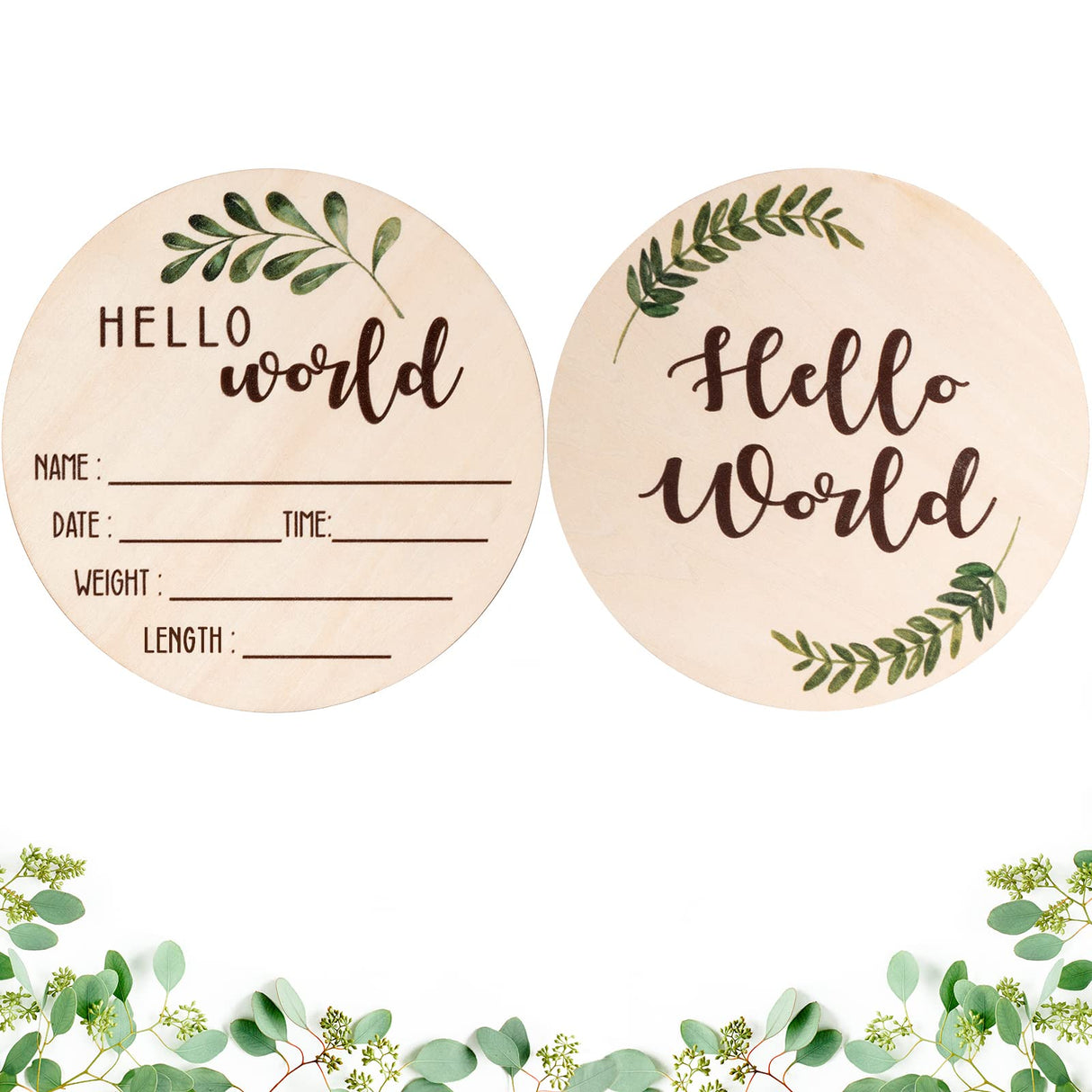 Baby Announcement Sign for Newborn - Beautiful Double-Sided Hello World Name Sign for Hospital Birth Announcement, The Perfect Round Wooden Welcome Giftacity