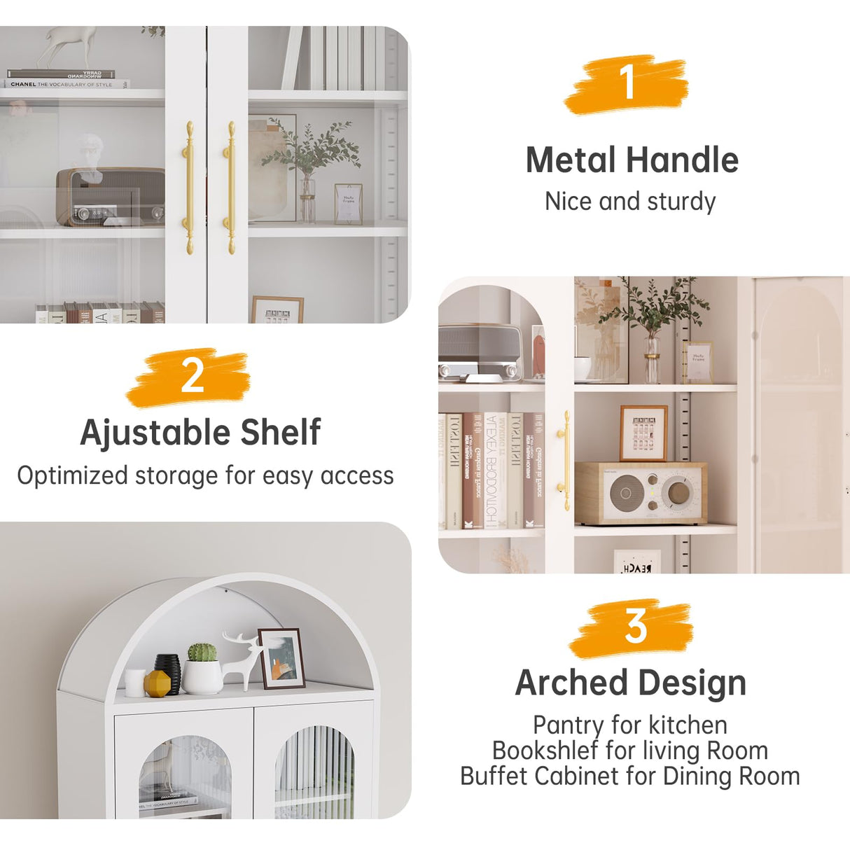 73" Metal Tall Arched Kitchen Pantry Cabinet,Arched Cabinet,Arched Bookshelf China/Curio Cabinet Farmhouse Kitchen Storage Cabinets with 4 Doors&3 Adjustable Shelves,Glass Door for Kitchen,Dining Room AUEYTVR