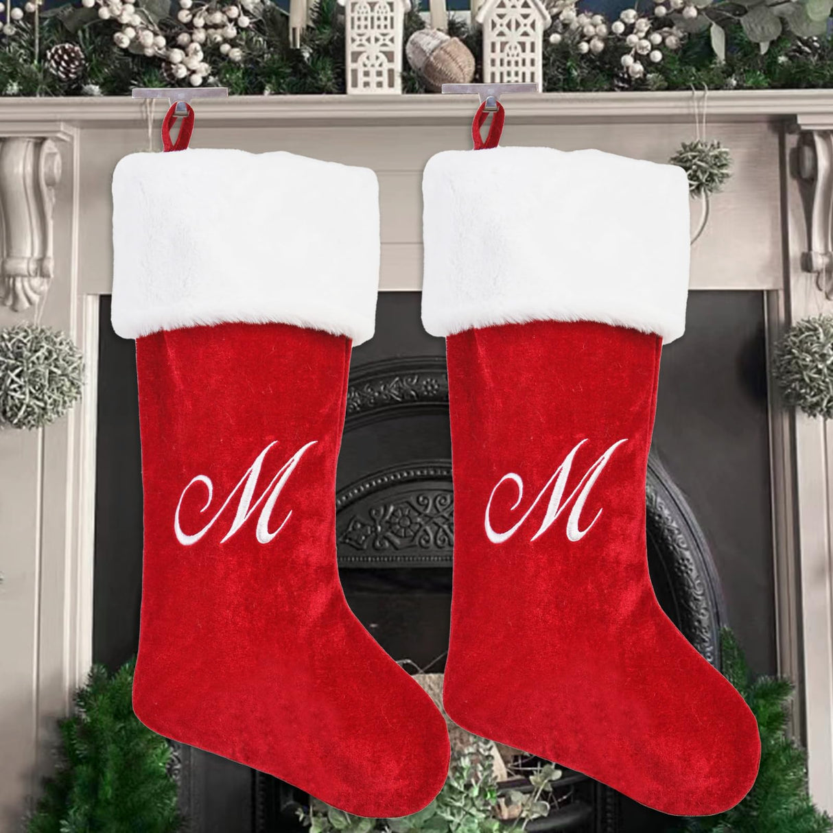 PORRUNNY 20 Inch Letter Christmas Stockings Red Polyester Plush for Family Holiday Xmas Party Decor Fireplace Hanging for Family Kids - M PORRUNNY