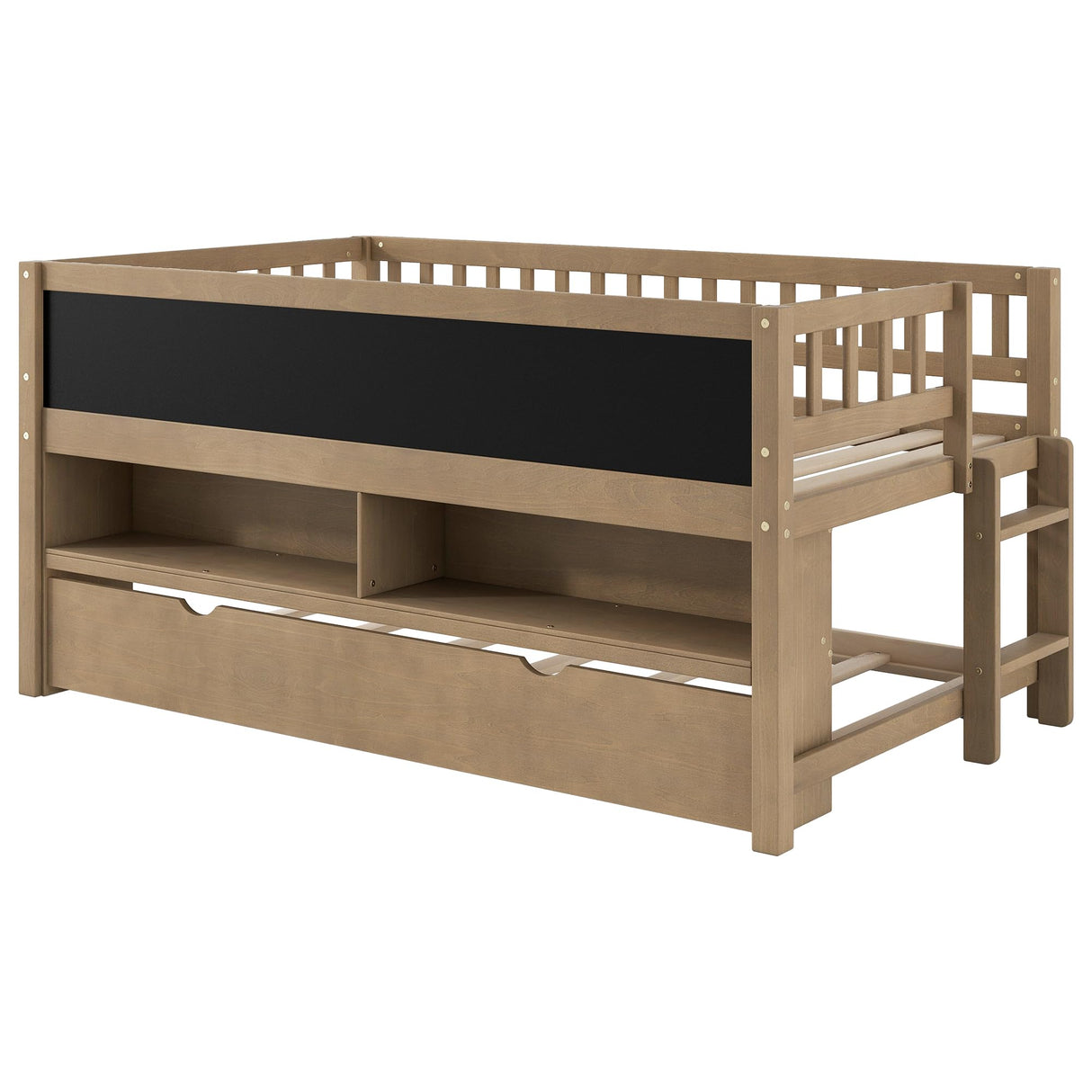 JIJIWANG Twin Size Low Loft Bed with Storage Shelves and Blackboard Wooden Loft Bed with Trundle, Wood Slats Support, No Box Spring Required, Walnut JIJIWANG