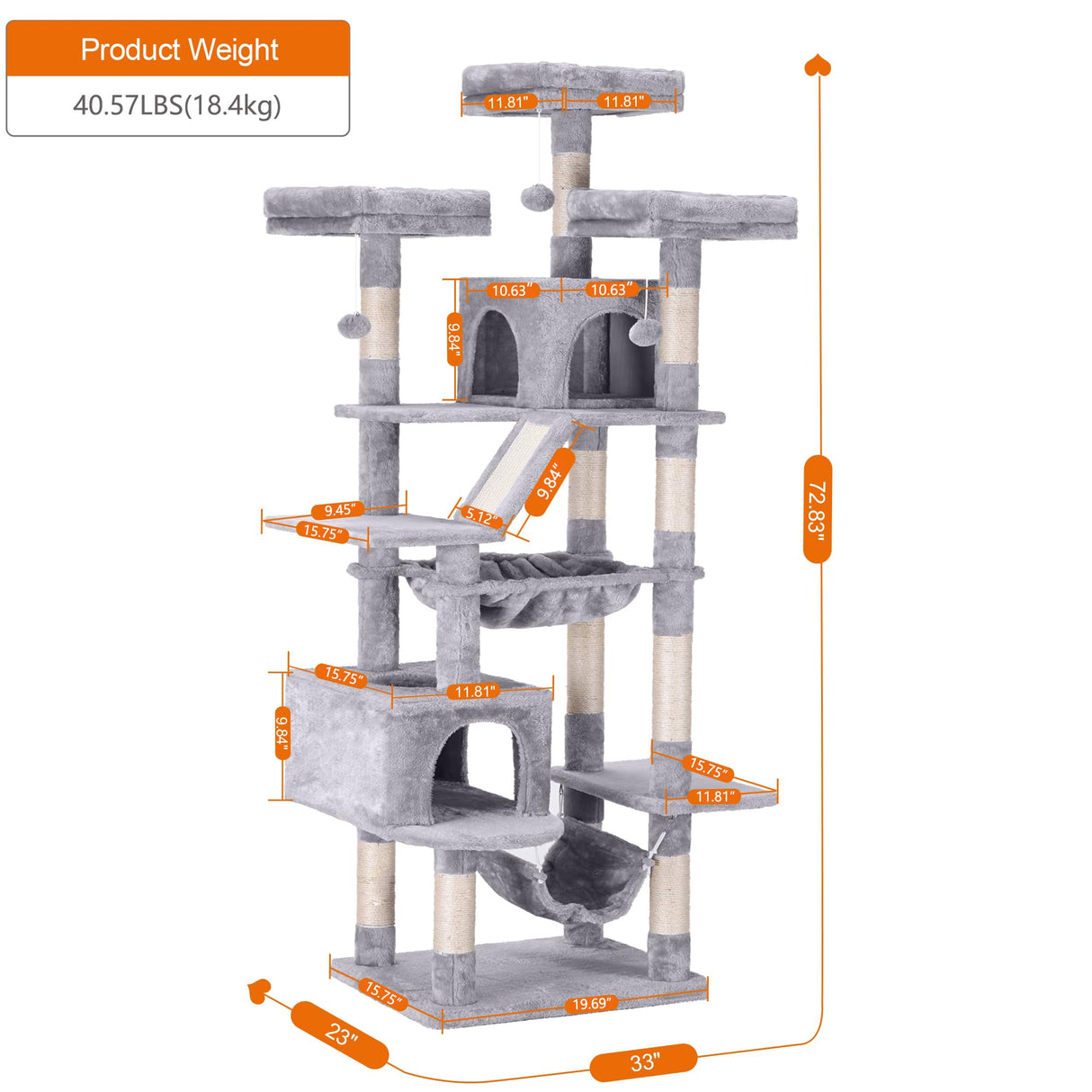Heybly Cat Tree, 73 inches Tall Cat Tower for Large Cats 20 lbs Heavy Duty for Indoor Cats,Big Cat Furniture Condo for with Padded Plush Perch, Cozy Basket and Scratching Posts Light Gray HCT030W Heybly