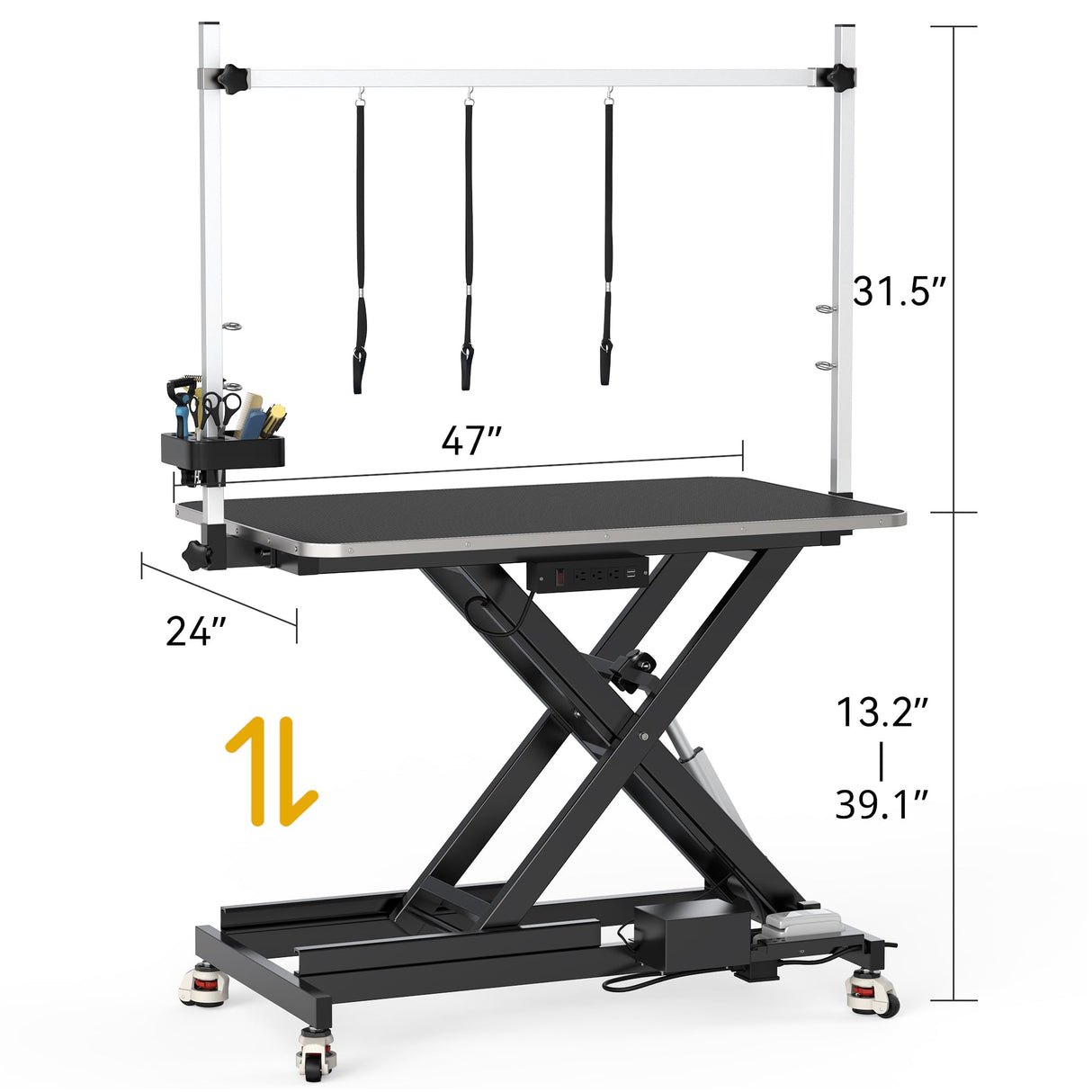 DWVO 49'' Electric Dog Grooming Table, Heavy Duty Adjustable Pet Grooming Table w/Leveling Wheels, Grooming Arm, Anti-Slip Top & Tool Organizer, Professional Dog Grooming Station (Black, 49inch) DWVO