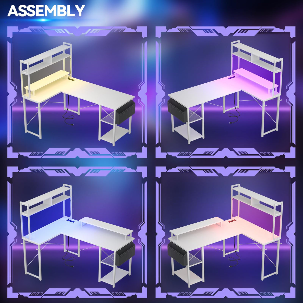 Aheaplus Small L Shaped Desk with Charging Port & LED Strip, Reversible L-Shaped Gaming Desk Computer Desk with Monitor Stand & Storage Shelf, Corner Desks Home Office Desk with Storage Bag, White Aheaplus