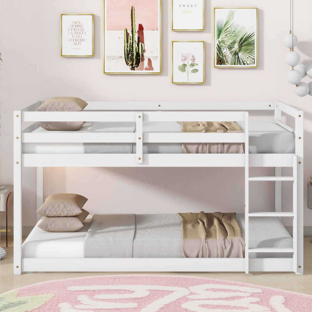 Anwick Low Bunk Bed Twin Over Twin, Floor Bunk Bed with Stairs, Twin Bunk Bed with High Rails Guardrail, Wooden Bunk Beds for Kids Girls Boys, No Box Spring Needed (White) Anwick