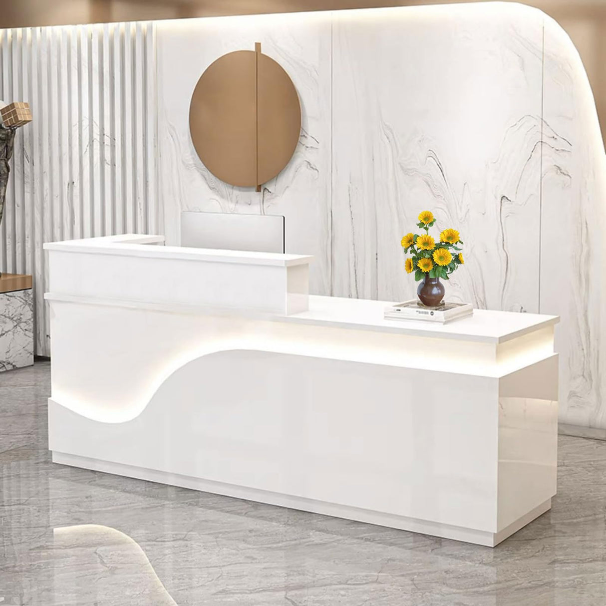 Reception Desk with Counter, Front Desk Receptionist Counter with Lockable Drawer & Cabinet & Keyboard Tray & Cable Grommet, Retail Checkout for Office, SOHO, Shop, Salon(White, 63 inch) Generic