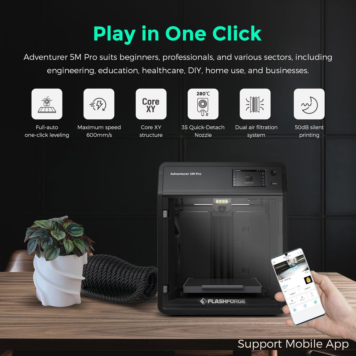 FLASHFORGE Adventurer 5M Pro 3D Printer with 1 Click Auto Printing System, 600mm/s High-Speed, Quick Detachable 280°C Nozzle, Core XY All-Metal Structure, Multi-Functional 220x220x220mm 3D Printer FLASHFORGE